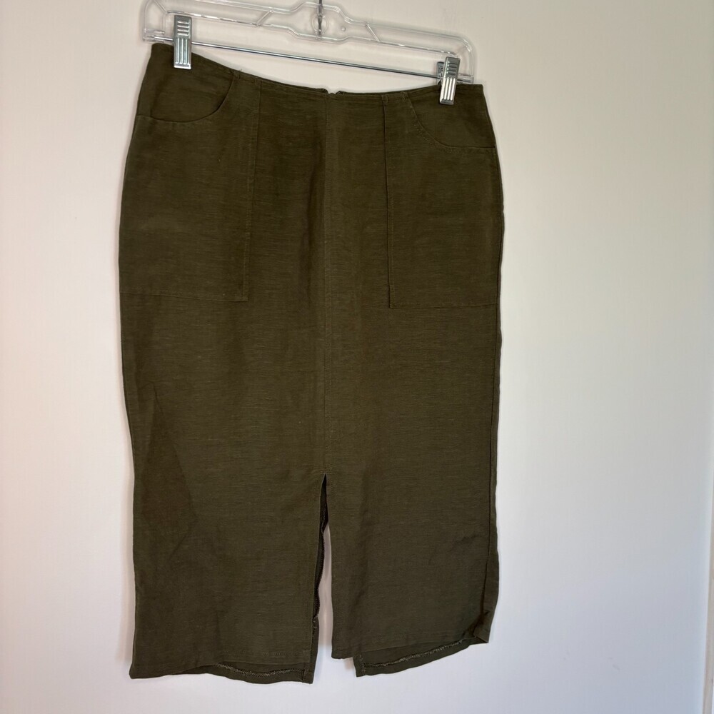 WHO WHAT WEAR Split Hem Linen Blend Skirt Womens 4 Green Linen Rayon Pockets